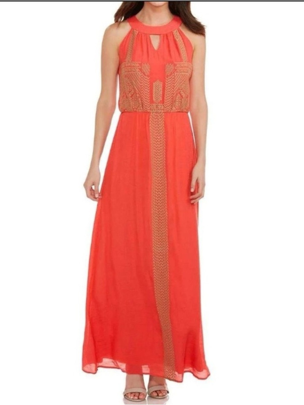 THML - Sleeveless Coral Maxi Dress with Embroidered Trim, Small